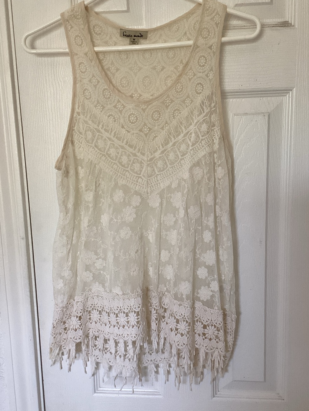 Haute Monde Cream Crochet Lace Fringe Camisole